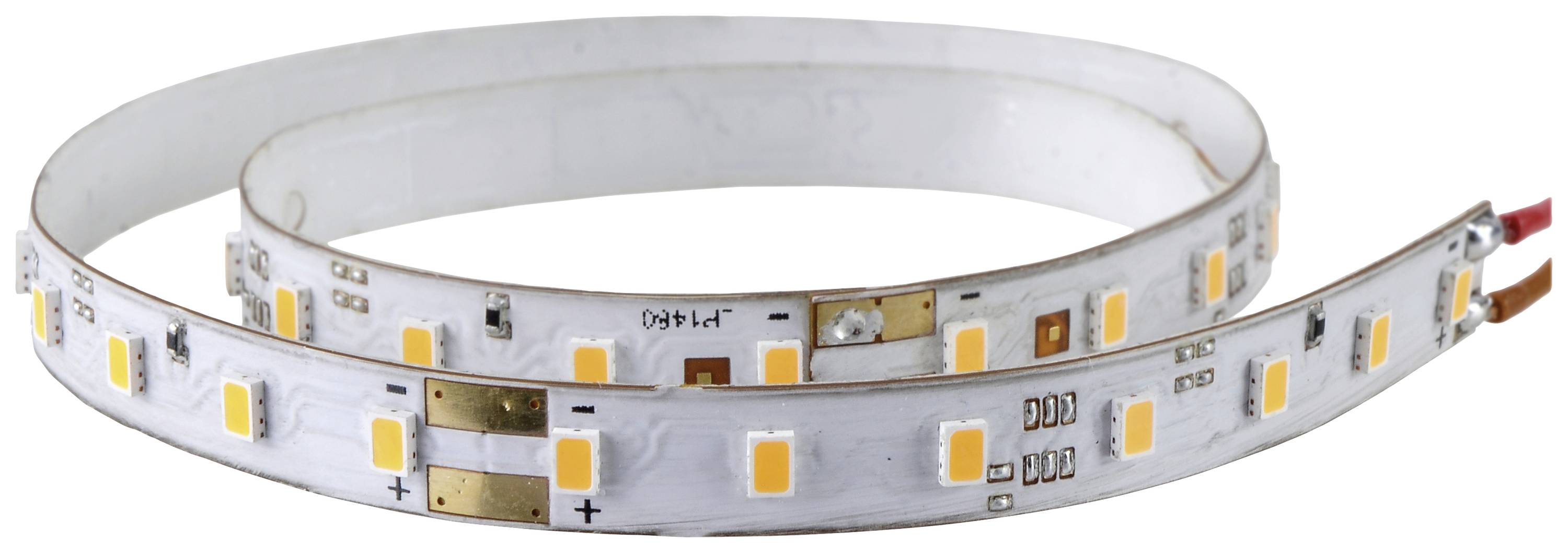 A flexible LED light strip with multiple illuminating diodes on the top surface, suitable for decorative lighting.