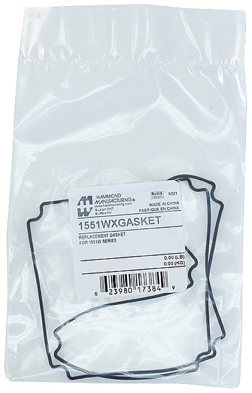 Replacement Gasket '1551WXGASKET' in transparent plastic packaging. Inscription: 'Replacement Gasket for 1551W Series'. Manufacturer: Hammond.