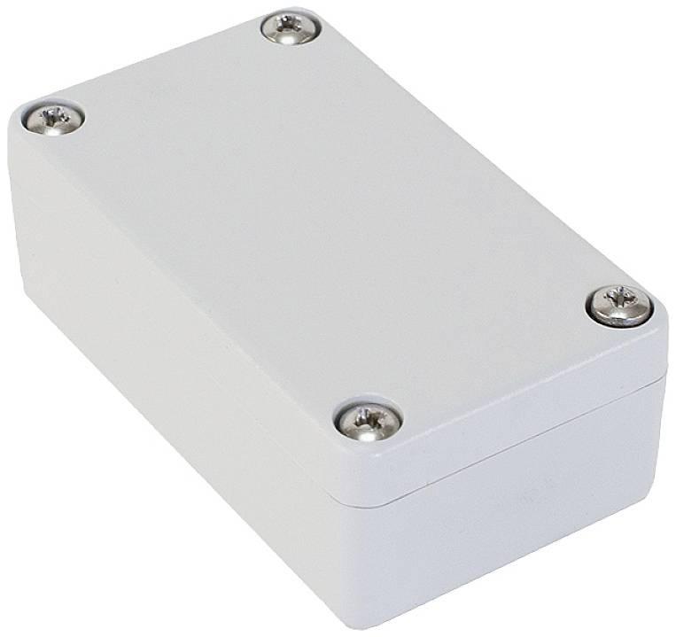 A rectangular, white casing with rounded corners and four visible screws at the corners of the lid.