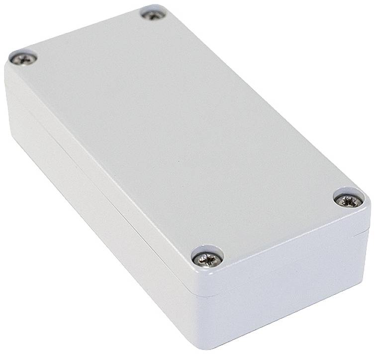 White, rectangular plastic box with rounded edges and visible screws at the corners.