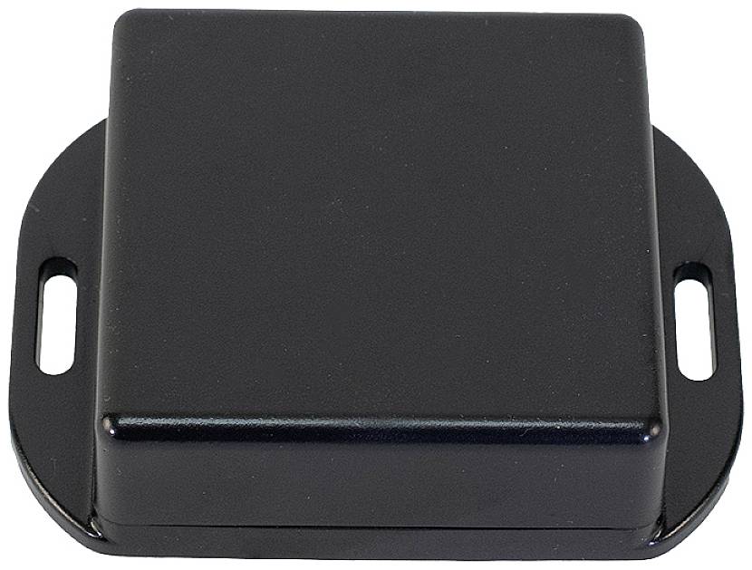 A black, rectangular plastic casing with rounded corners and two slots on its sides.