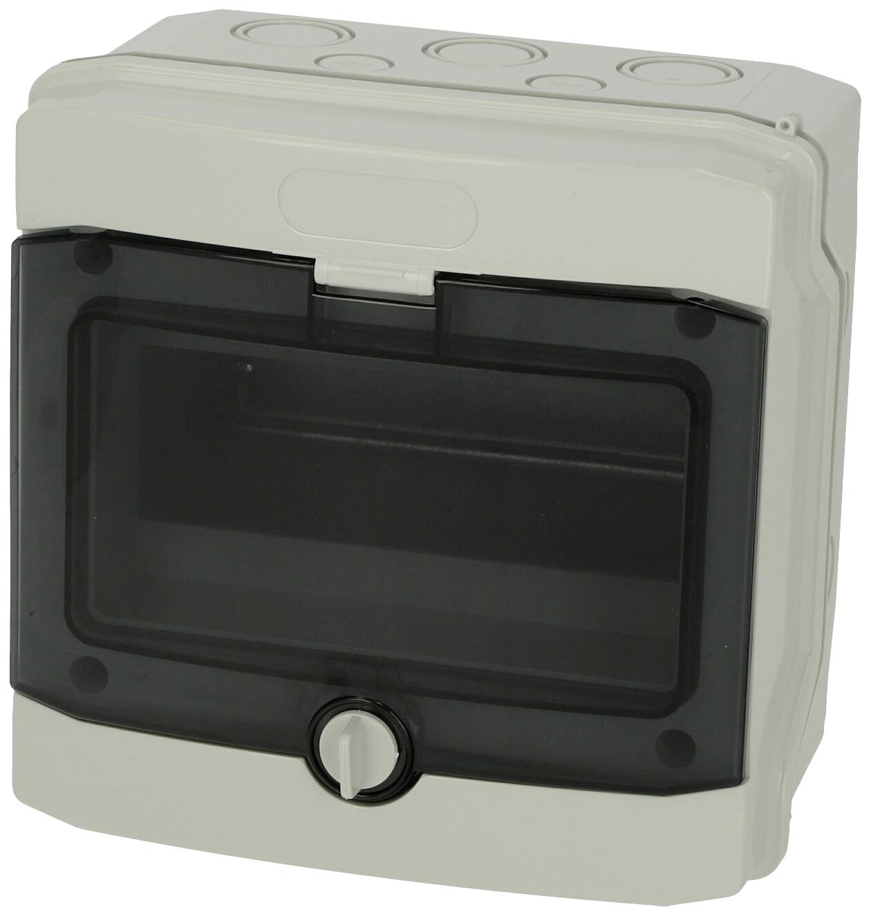 A grey plastic enclosure with a transparent, black lid and twist lock, suitable for electrical installations.
