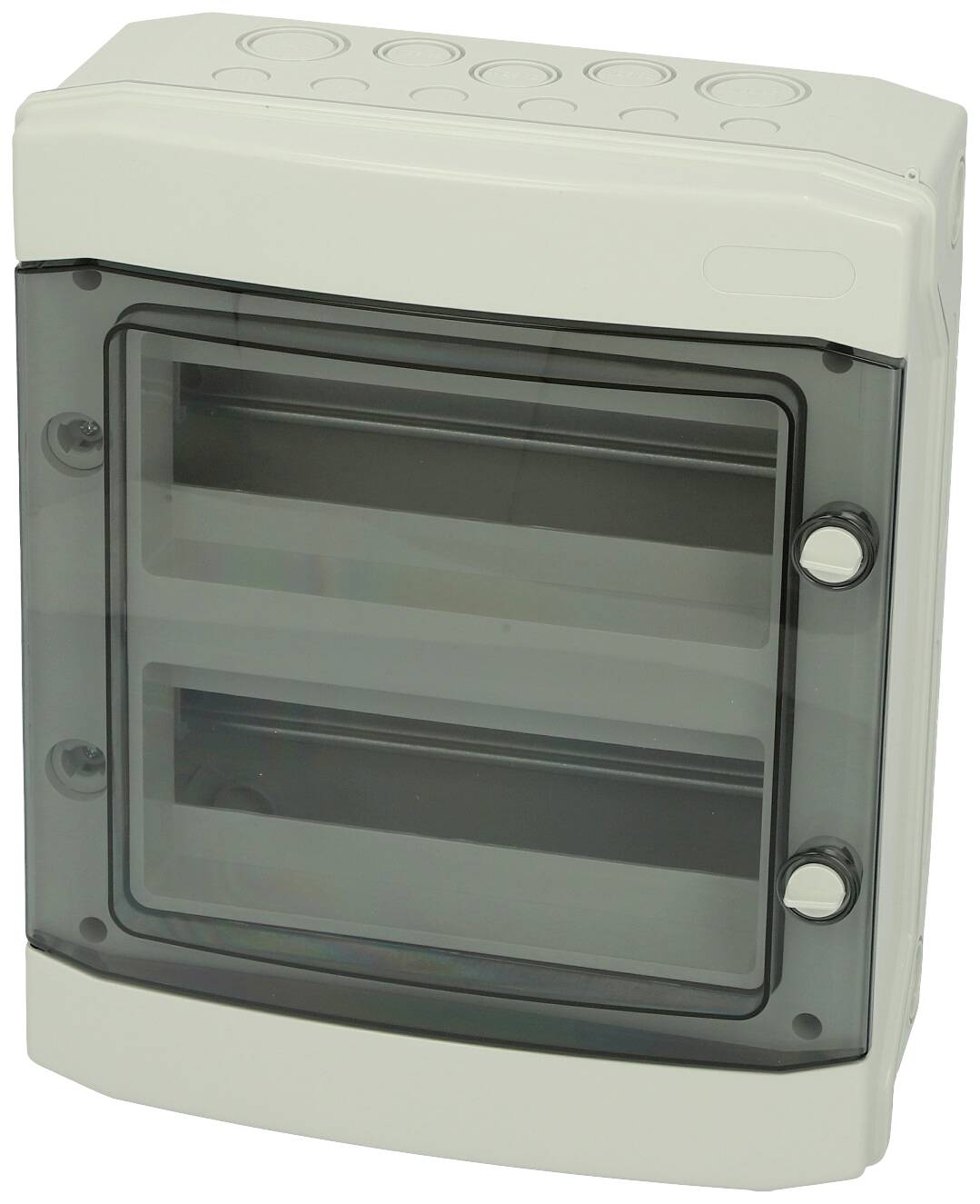 Grey, rectangular plastic enclosure with transparent front cover, suitable for protecting electrical components or fuses.