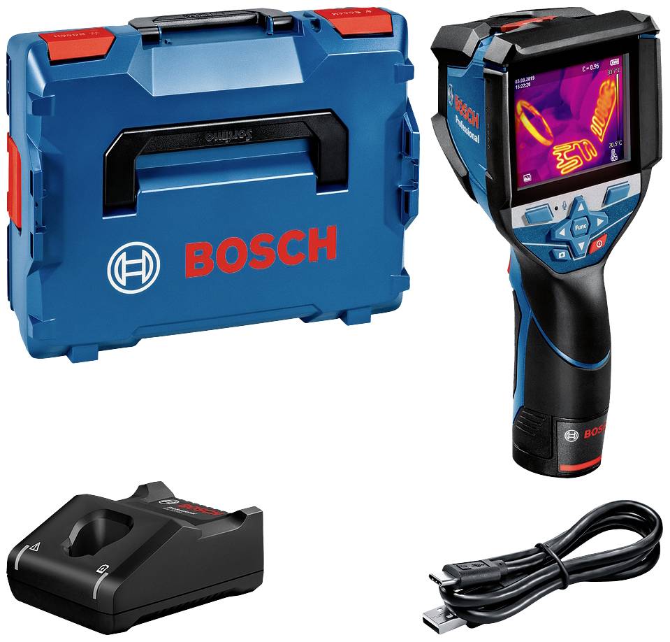 Bosch Thermal Imaging Camera Set: Camera displays thermal image on screen. Includes charging station, cable and blue carry case with logo.