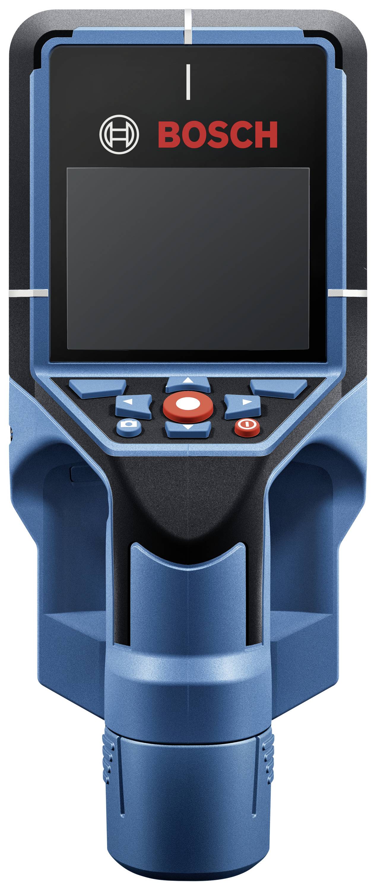 Handheld material detection device with display and buttons, brand 'BOSCH'. Primarily in blue and black colours.