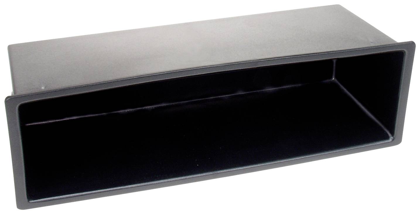 A rectangular, black, open storage tray made of plastic, which may be suitable for installation in a motor vehicle.