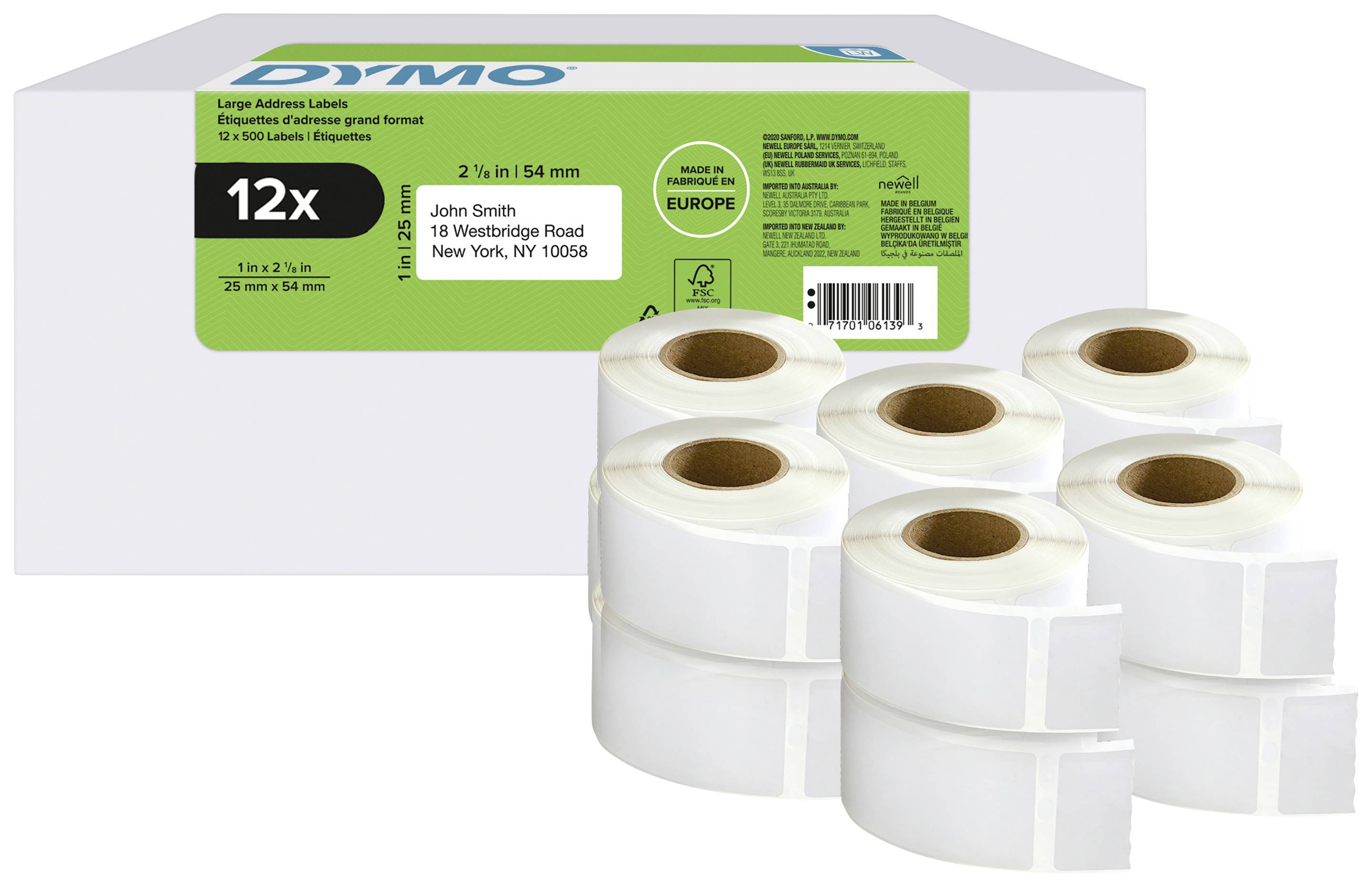 Six rolls of white Dymo address labels, suitable for printers. On the packaging: '12x', dimensions: 25 mm x 54 mm, 'John Smith, 18 Westbridge Road, New York, NY 10058'.