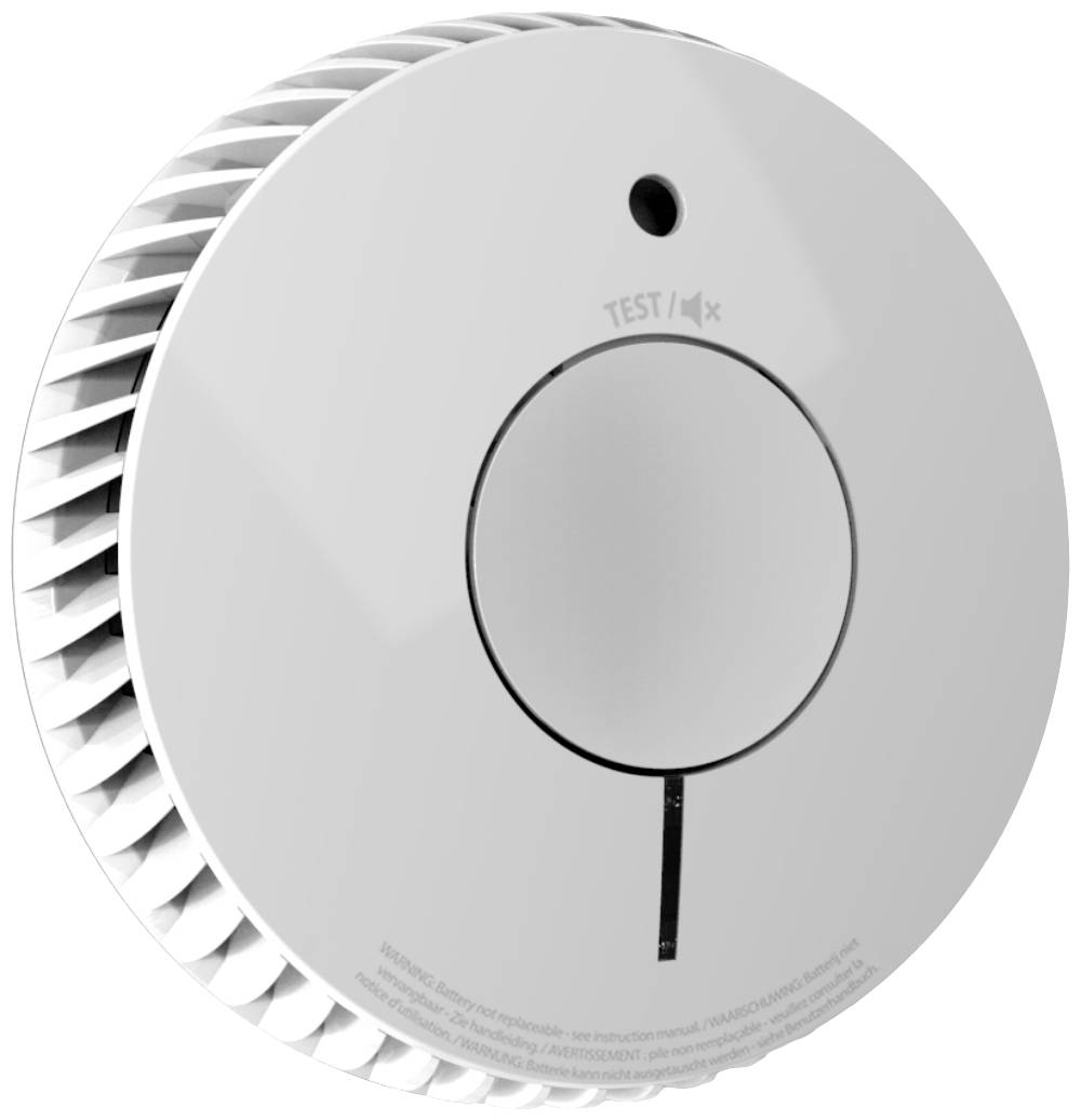 Smoke detector in close-up with central test button and ventilation openings on the sides.