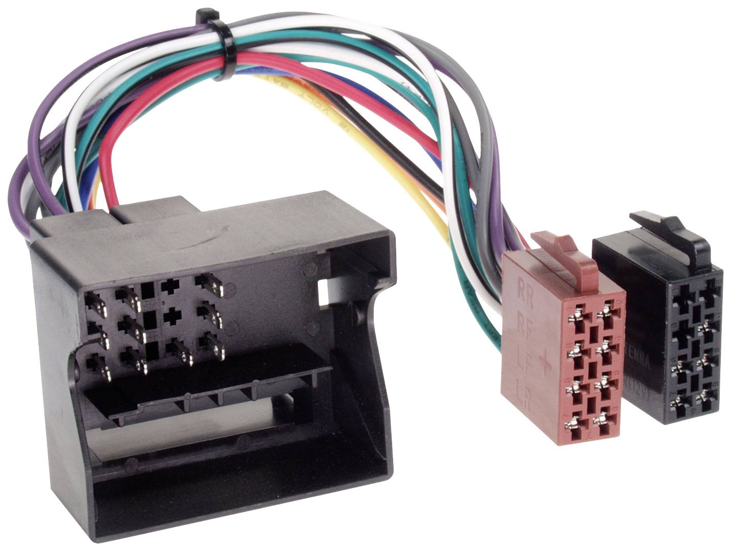 Wiring harness with colour-coded wires and three electrical connectors, used for connecting electronic devices in vehicles.