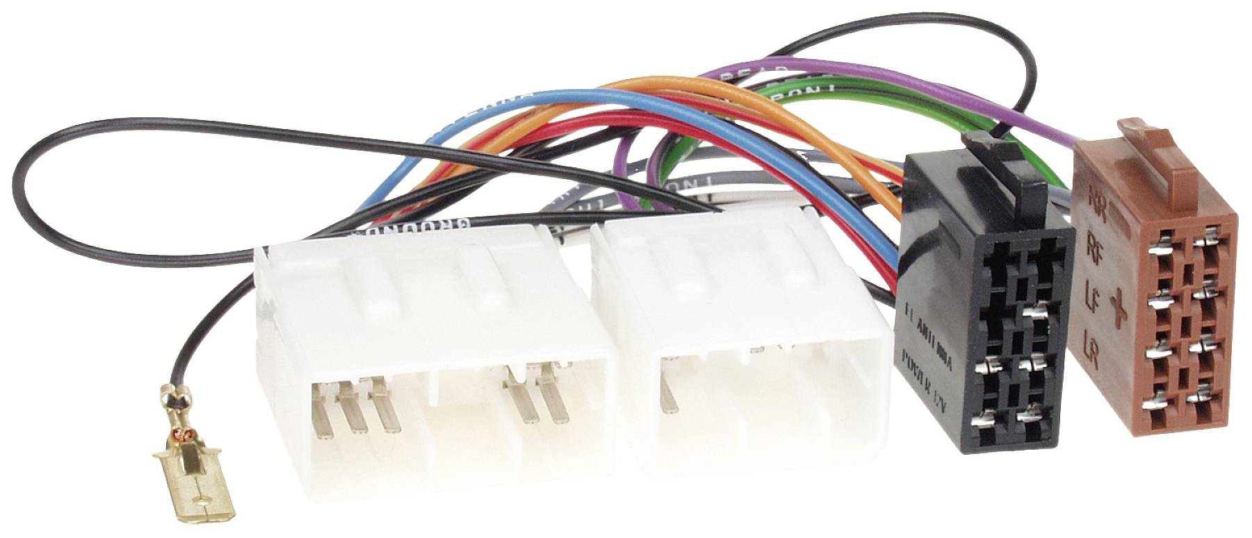 Wiring loom with various coloured wires and connectors. Commonly used for connecting electronic devices.