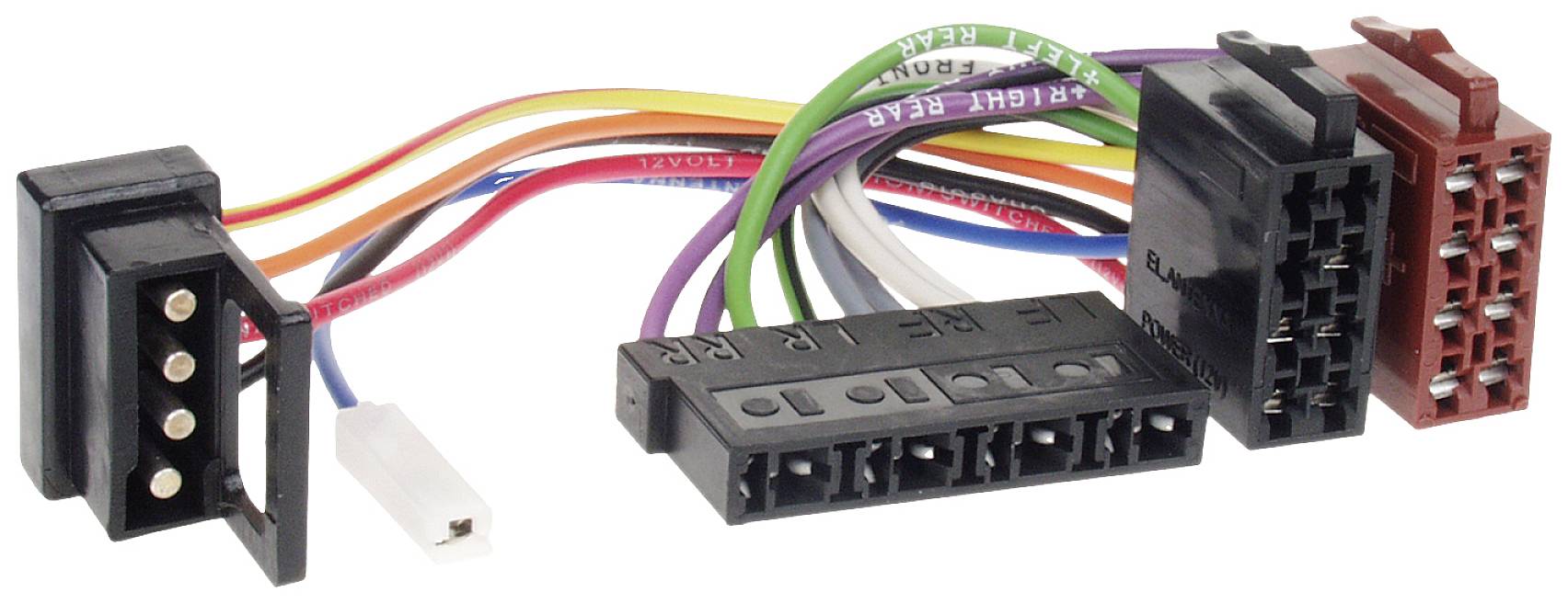 Various coloured cables and plugs for connecting electronic devices, including a Molex and a multi-pin connector.