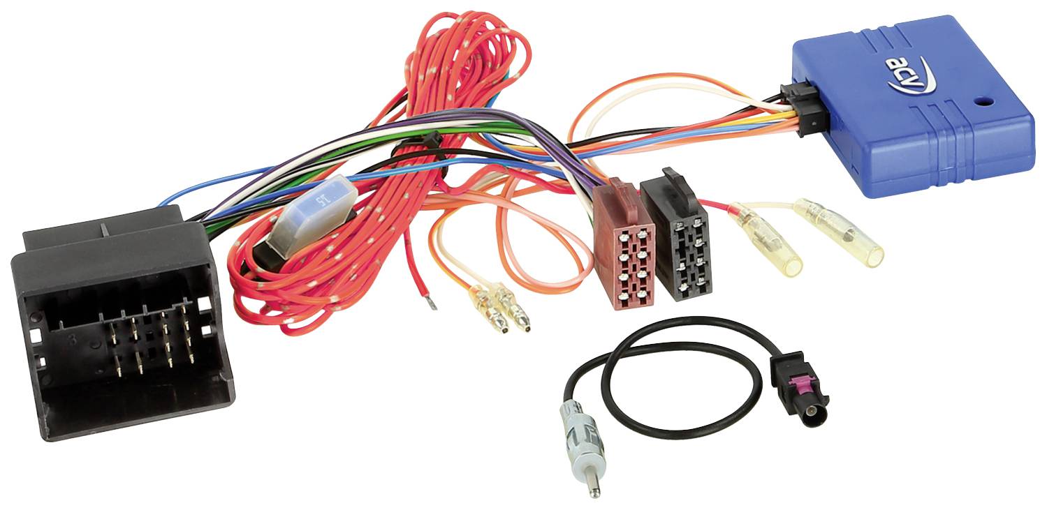 Wiring set with various coloured cables and connectors, suitable for connecting electronic devices in a car.