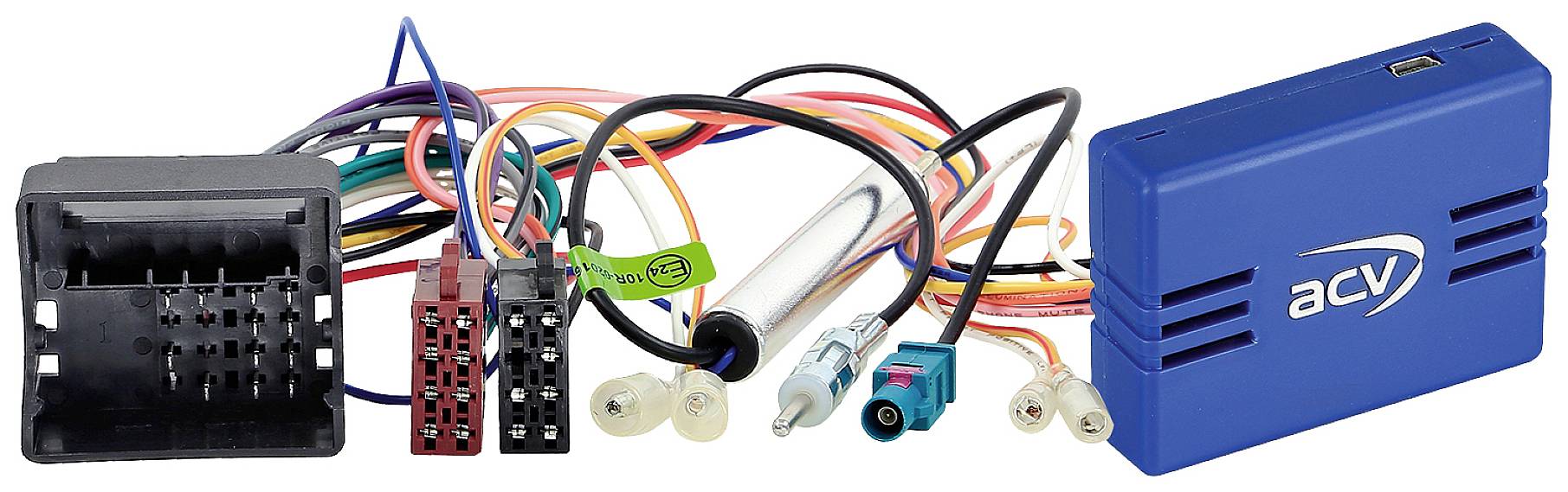 A blue ACV vehicle interface adapter next to several coloured cables and connectors for connecting to automotive electrical systems.