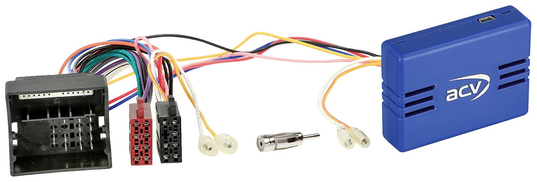 Wiring loom with multiple coloured wires, a black and red plug, a blue ACV box, and a metal connector.