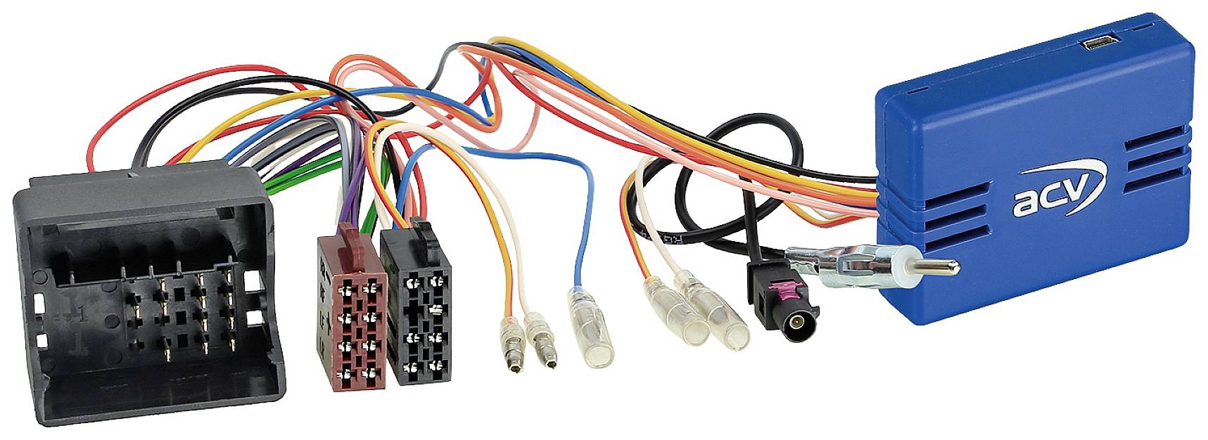 Blue electronic connector adapter with colourful cables and multiple plugs for connection in a vehicle.