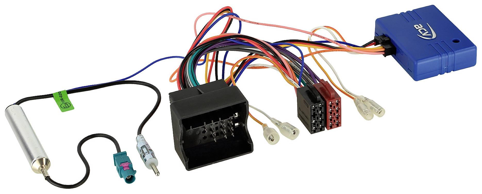 A cable harness with various coloured cables and connectors. A blue adapter is connected to multiple ports.