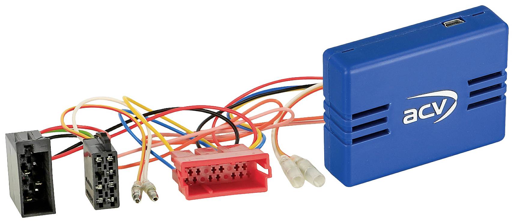 Blue electronic adapter with multiple colourful cables and connection ports, labelled with 'acv'.