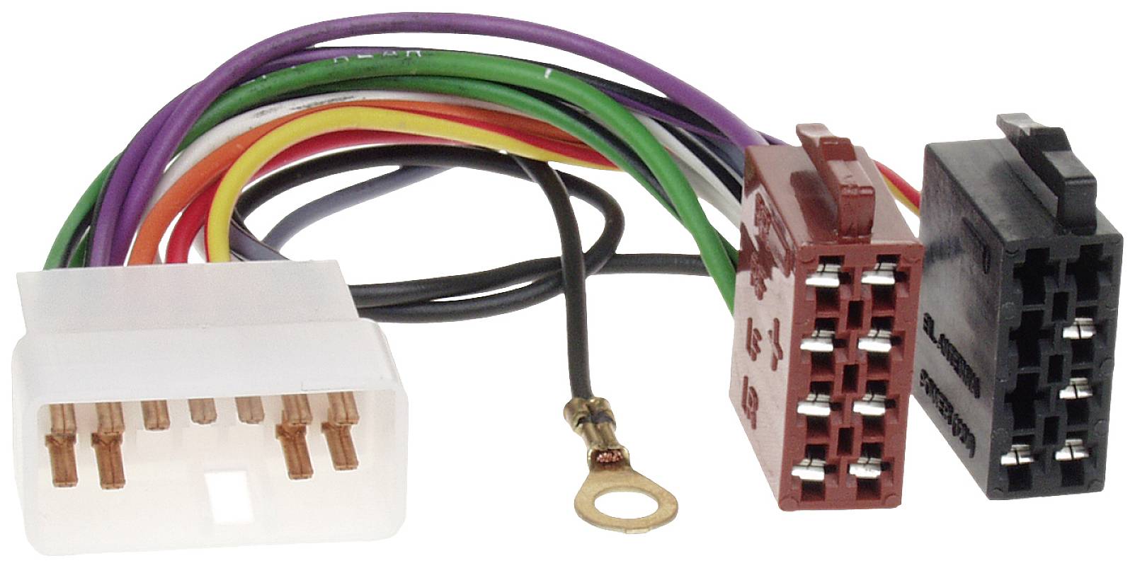 Cable adapter with various colourful connectors for connecting electronic components. Contains white, red, and black ports.