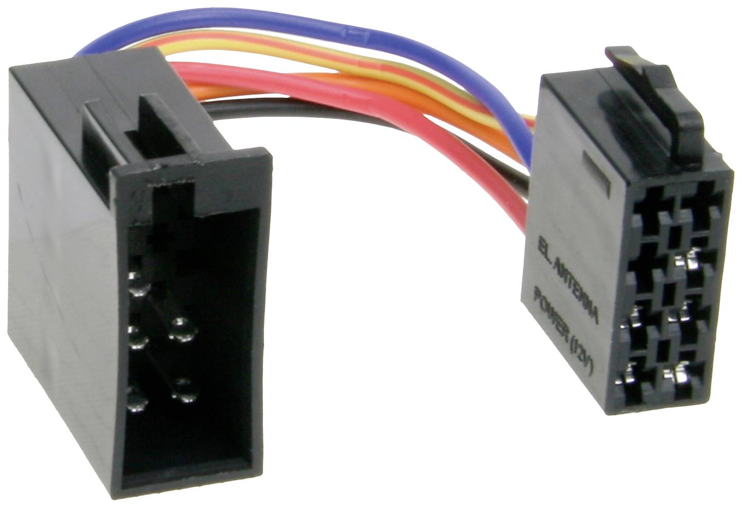 A car radio adaptor cable with multiple colourful wires. It shows two connected plugs used for connection in a car.