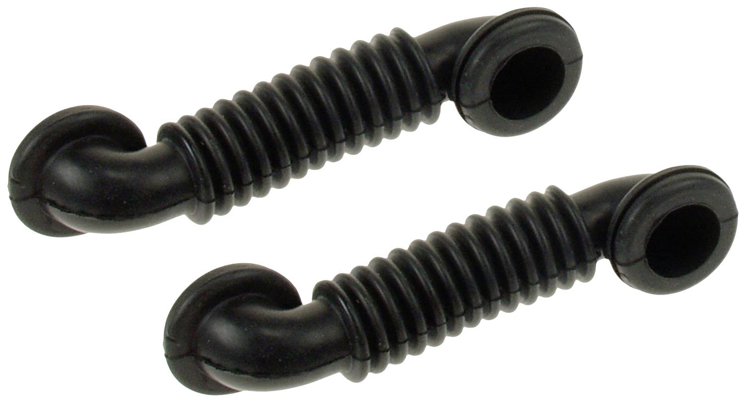 Two black, flexible rubber parts with a ribbed central section, most likely designed for stabilising or connecting objects.