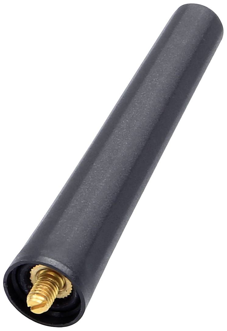 Black, cylindrical antenna with gold-coloured internal threading, used for signal transmission in electronic devices.