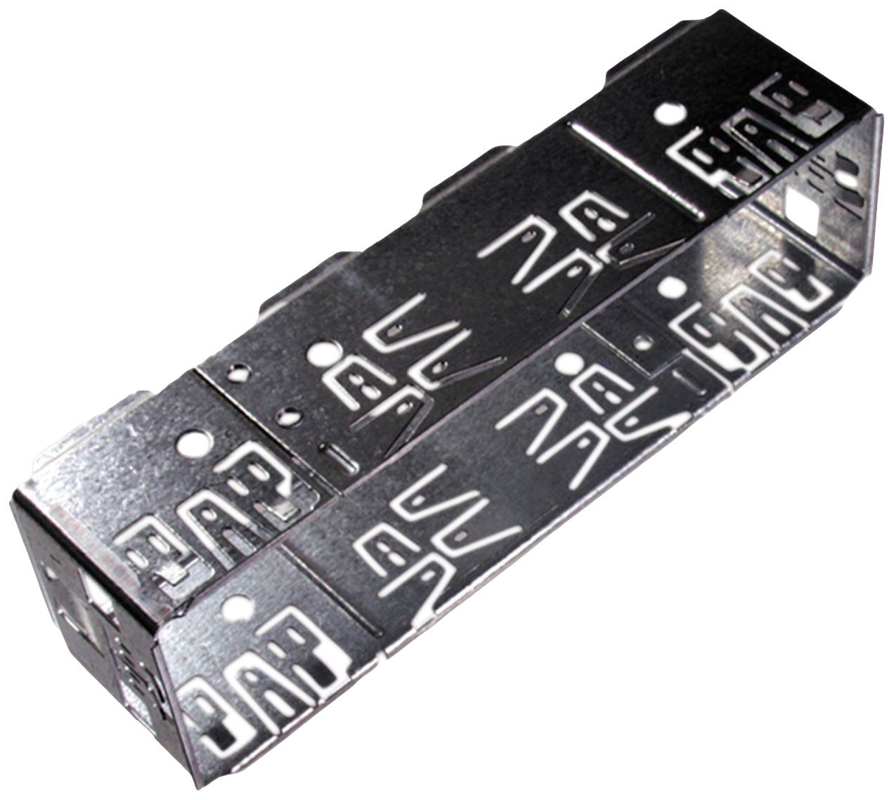 A silver metal piece, rectangular and perforated, with several L-shaped recesses and holes.