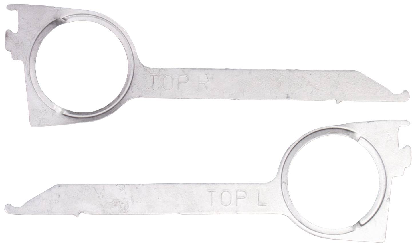 Two metal clips with the inscription 'TOP L' and 'TOP R', lying side by side.