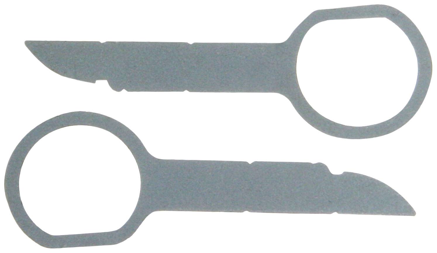 Two SIM card ejection tools lie parallel to each other. They are made of thin metal with a round handle and a pointed end.