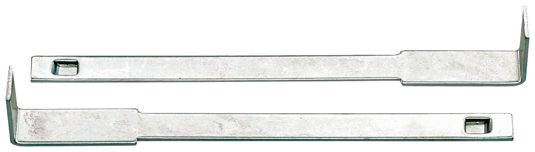 Two flat metal tools with hooks at one end, depicted on a white background. Possibly used for lifting or levering.