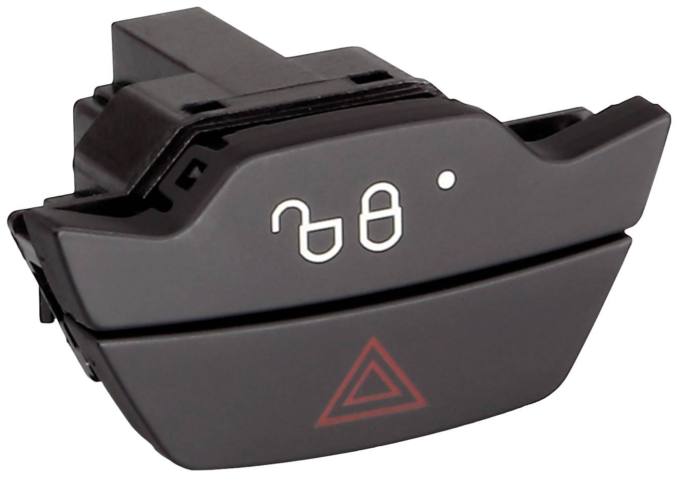 Black toggle switch with white symbols for door locking and a red warning triangle for the hazard warning lights.