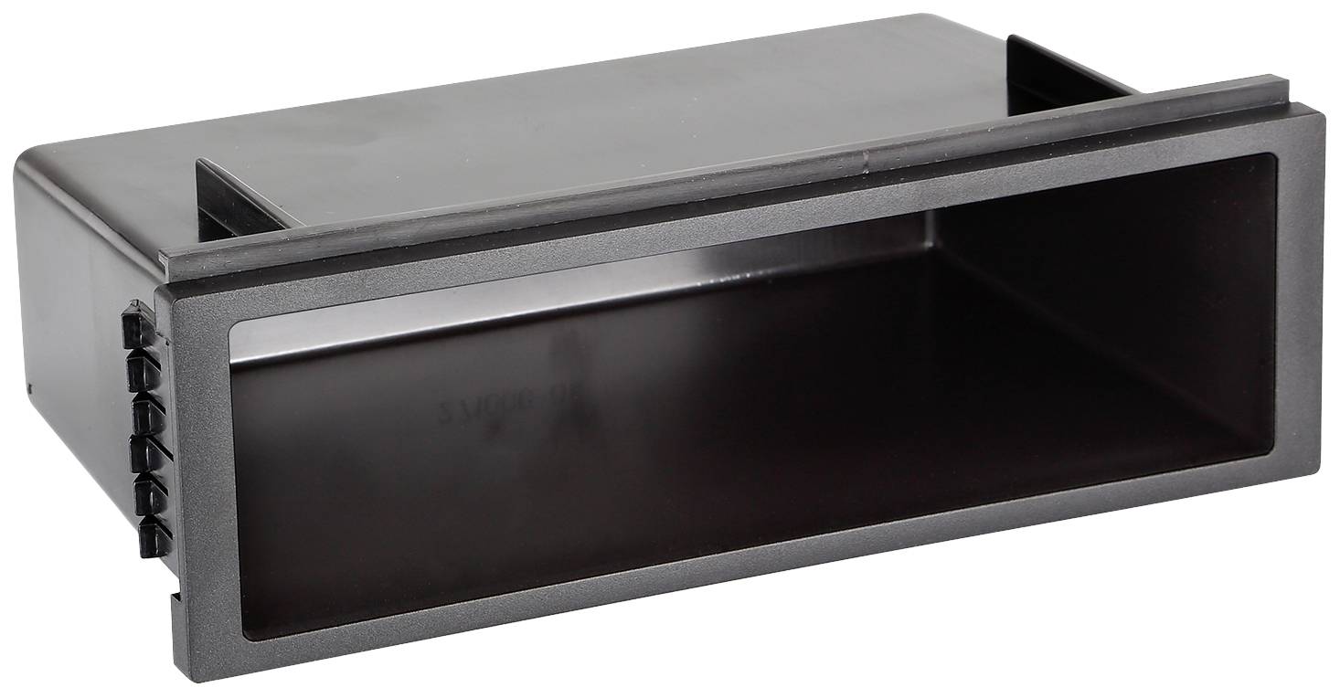 A black rectangular housing, presumably an empty compartment or storage space, for installation in a dashboard or console.