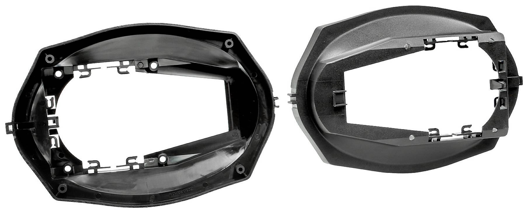 Two black plastic frames side by side. They have oval shapes and appear to be part of a technical or mechanical device.