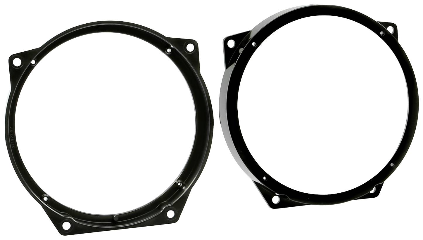Two identical black plastic rings, each with four holes at the corners, lying side by side.