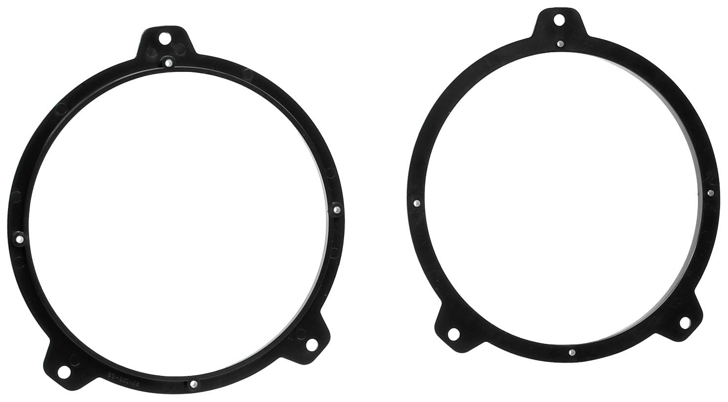 Two black, round adapter rings, each with three mounting holes on the sides, on a white background.
