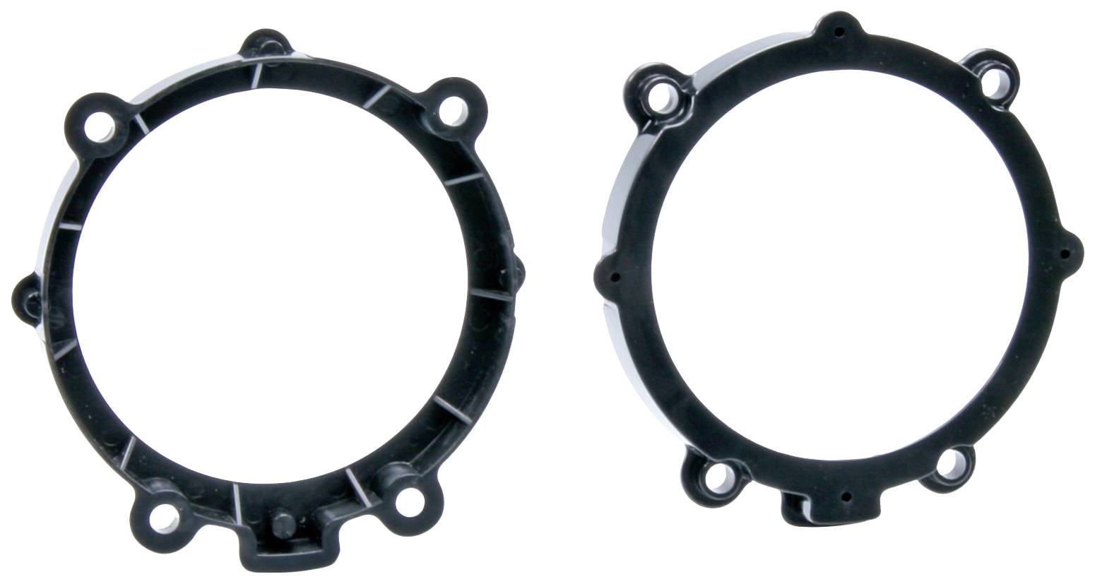 Two black, round adaptor rings with multiple mounting holes, possibly for installing speakers in a vehicle.