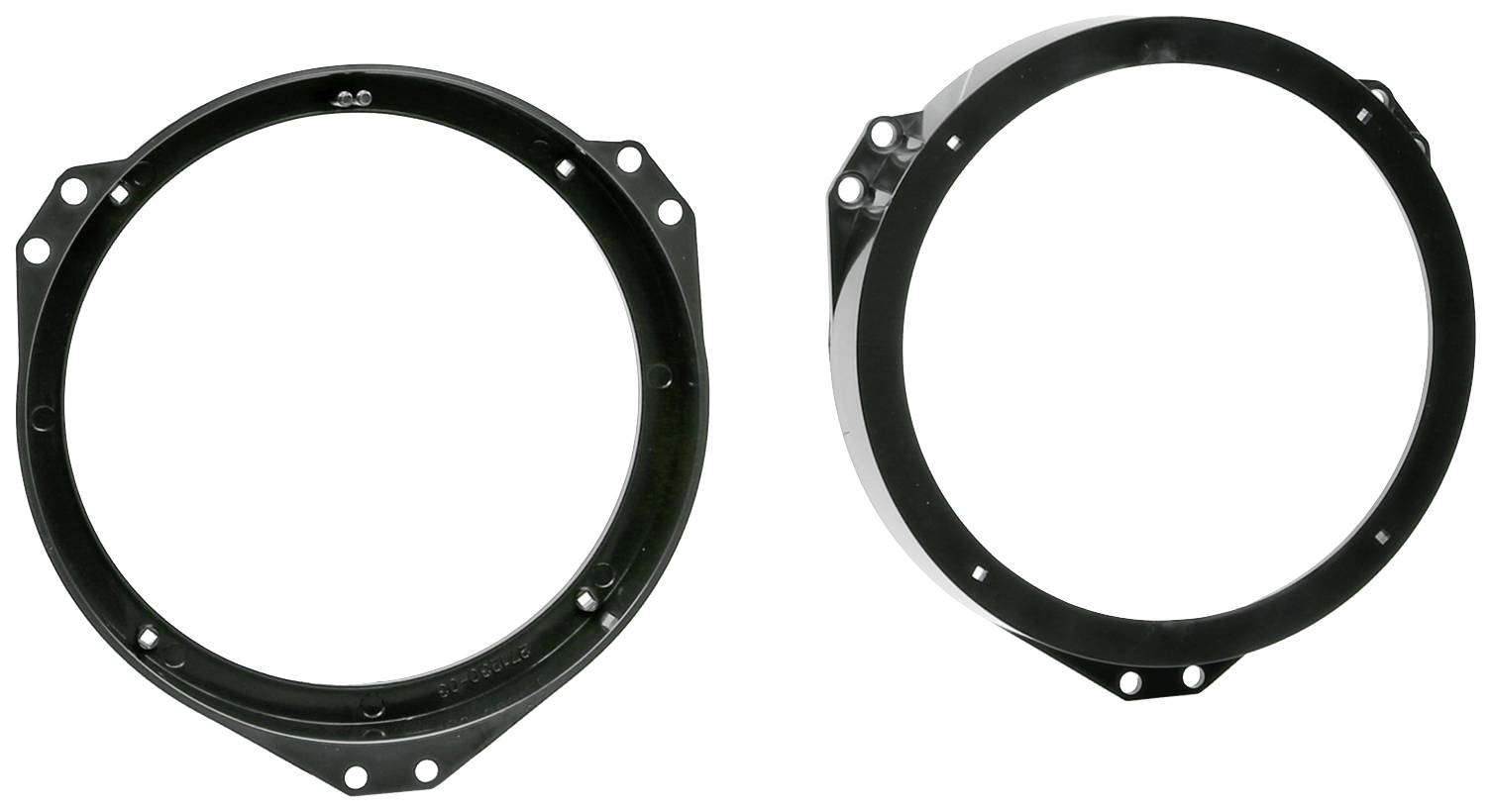 Two round, black metal rings with mounting holes, presumably for installation in a technical or mechanical context.
