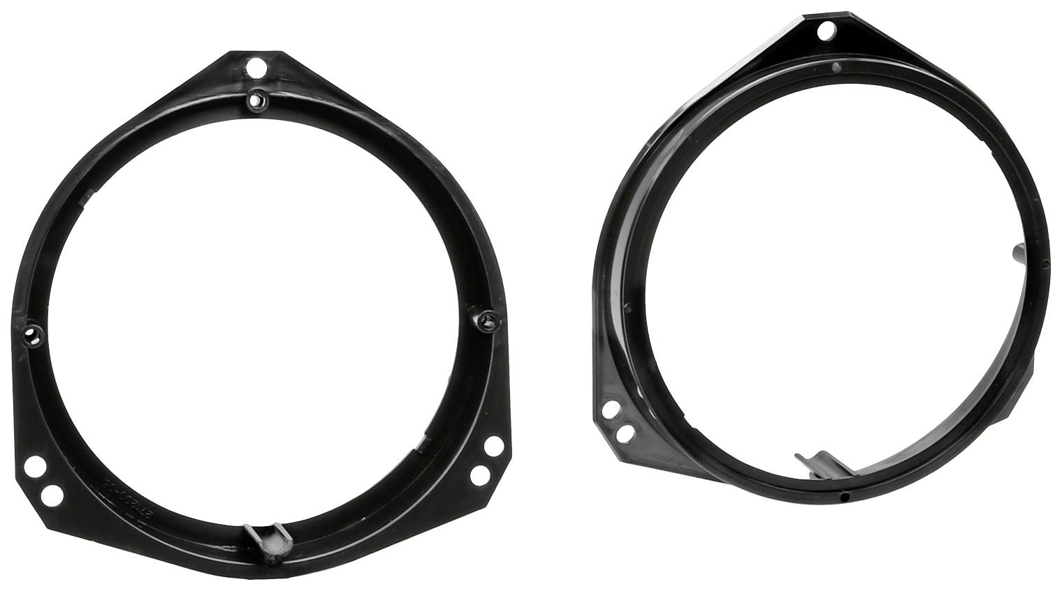 Two black round plastic speaker mounts standing side by side.