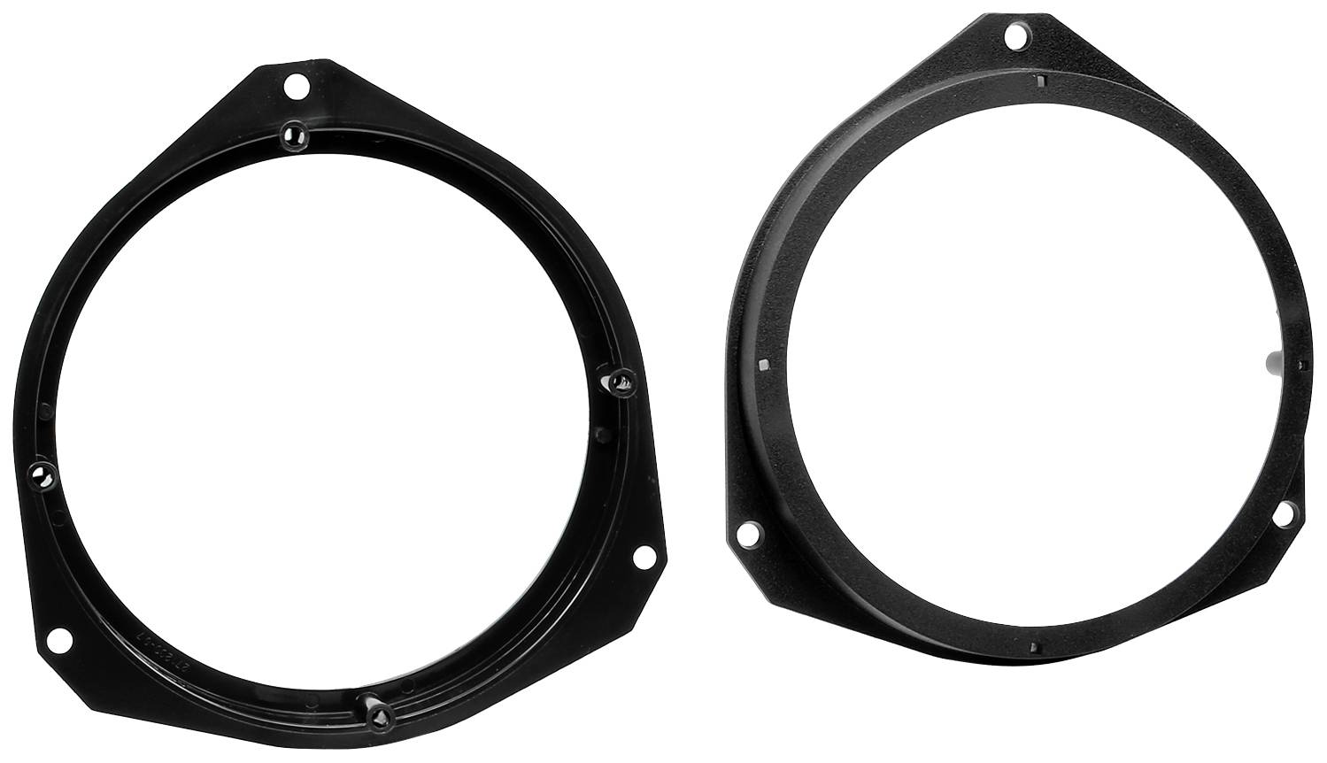 Two black round plastic speaker mounting brackets with screw holes for fixing are lying side by side on a white background.