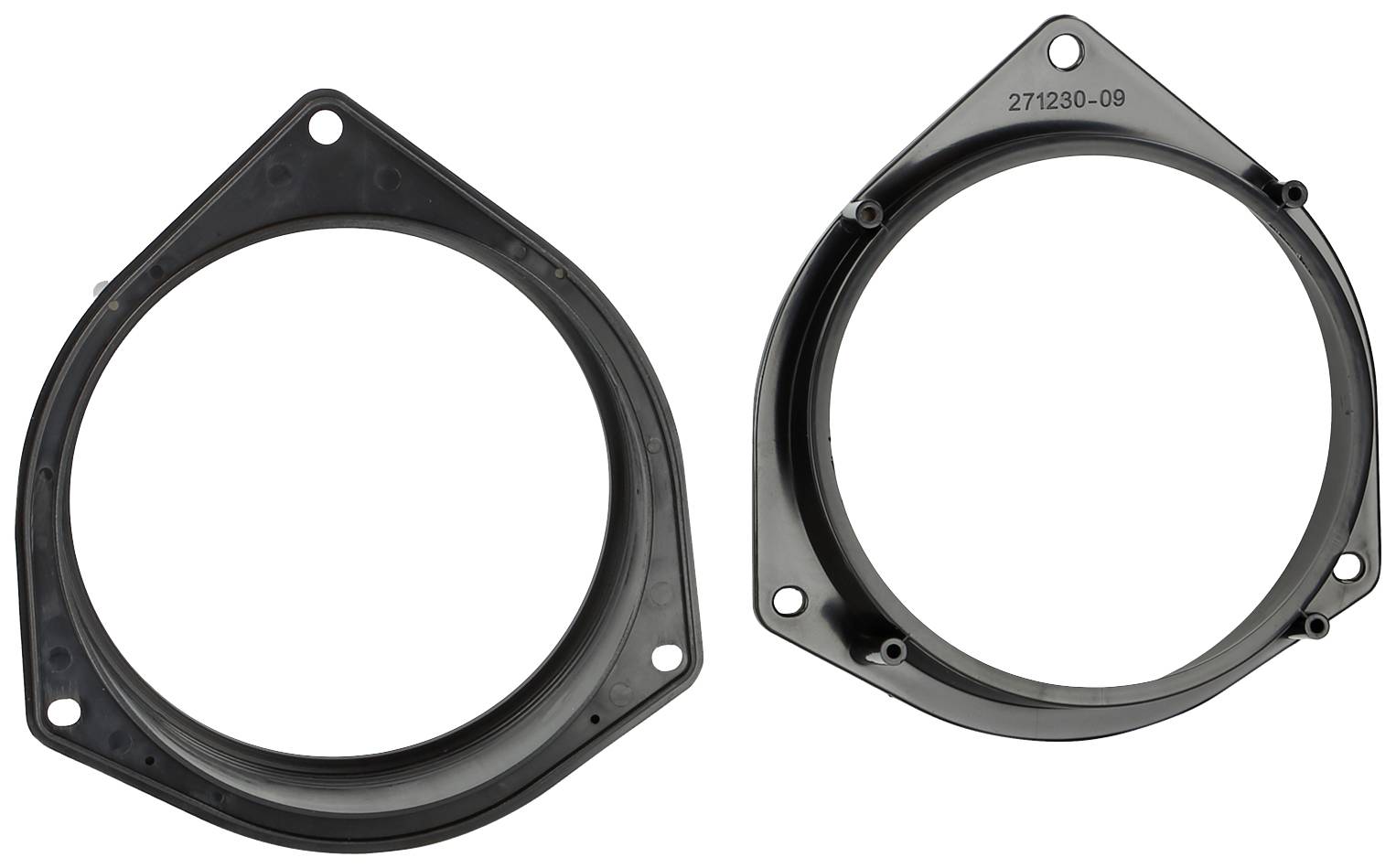 Two black, round adapter rings with mounting holes, lying side by side on a white background.