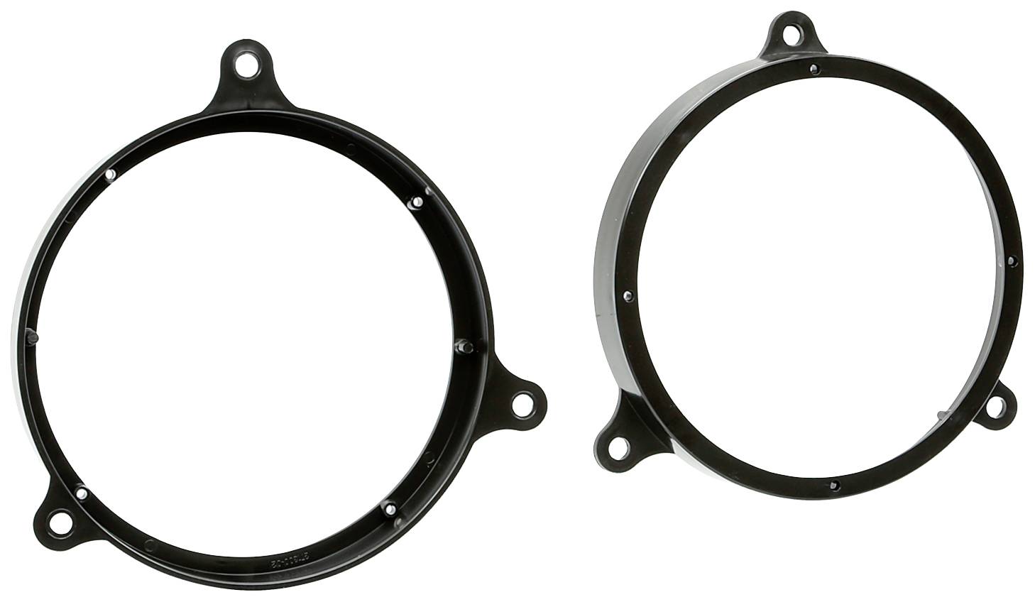 Two black, circular plastic adapter rings with mounting holes, lying side by side. They appear to be identical.
