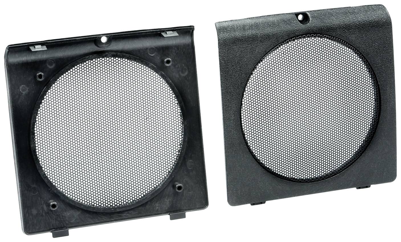 Two black square speaker covers with round, perforated grilles. They are positioned side by side.