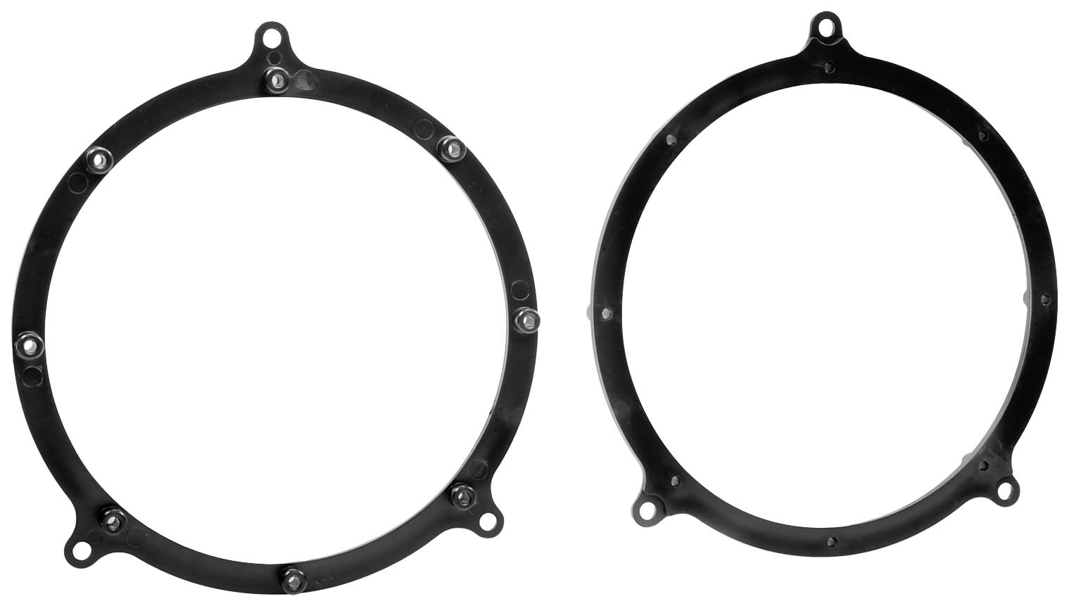 Two round, black plastic rings with screw holes around the edges, on a white background.