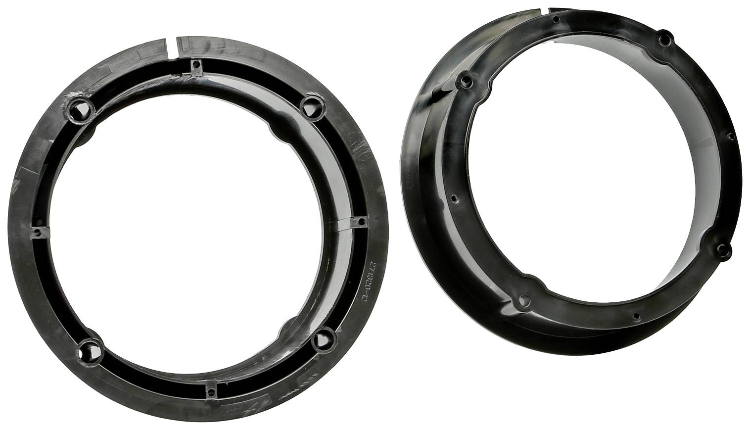 Two black plastic rings with different drill holes and contours, shown against a white background.