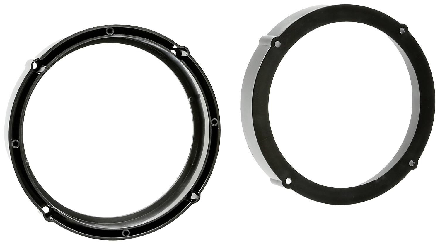 Two round, black plastic adaptor rings with hole arrangements. On the left with six and on the right with eight holes for fastenings.