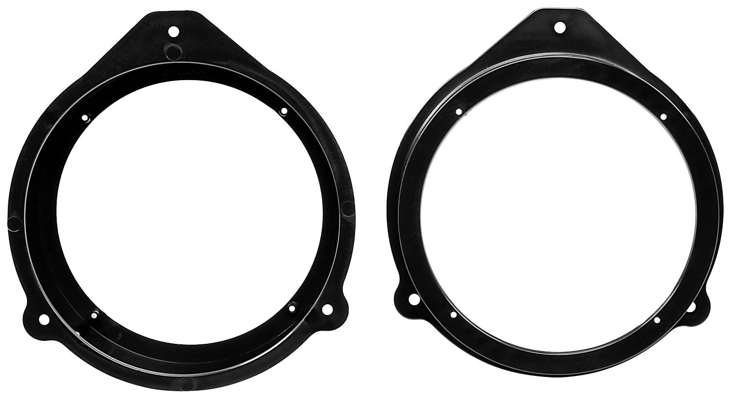 Two black, circular speaker adapters with symmetrical drill holes, against a white background. They are identical in shape and size.