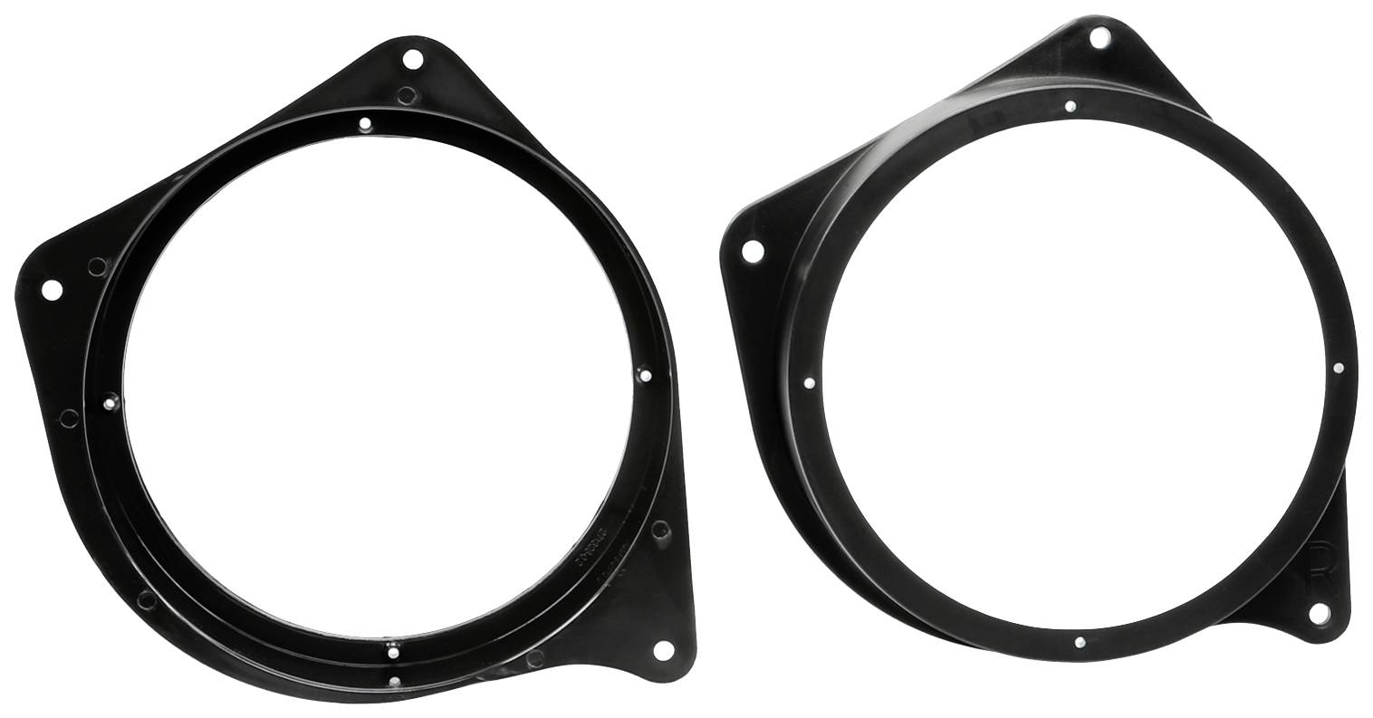 Two black loudspeaker adaptor rings made of plastic, lying side by side. Both rings have holes for mounting screws.