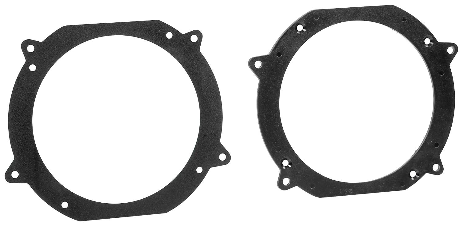 Two black round adapter rings with screw holes, presumably for mounting speakers in vehicles.