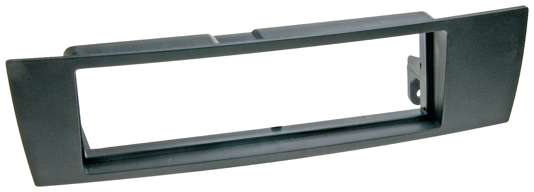 A rectangular, black plastic frame, most likely a radio mounting adapter for fitting a radio into a vehicle's dashboard.