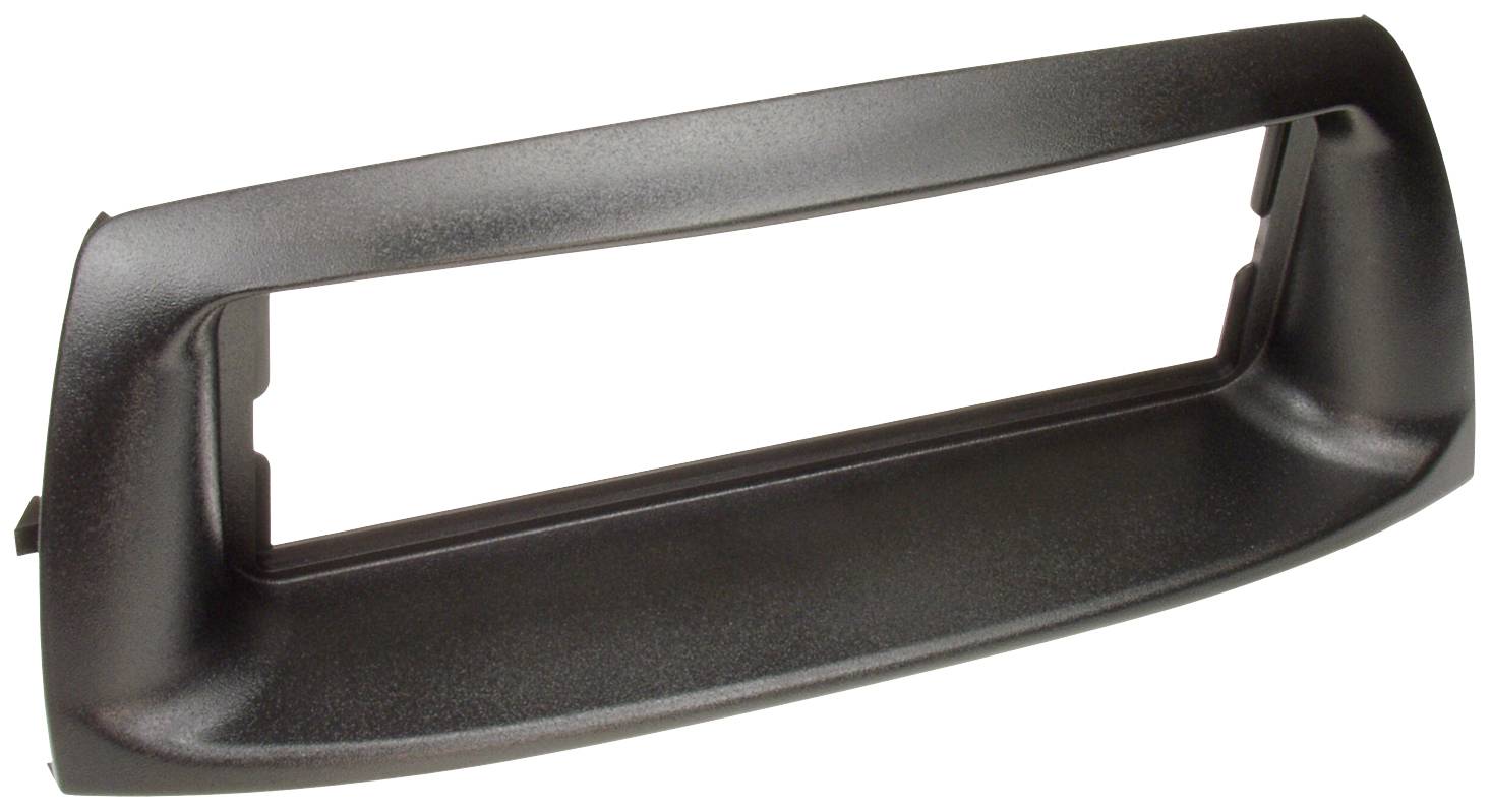 A rectangular, black plastic frame, presumably a radio fascia for installation in a vehicle dashboard.