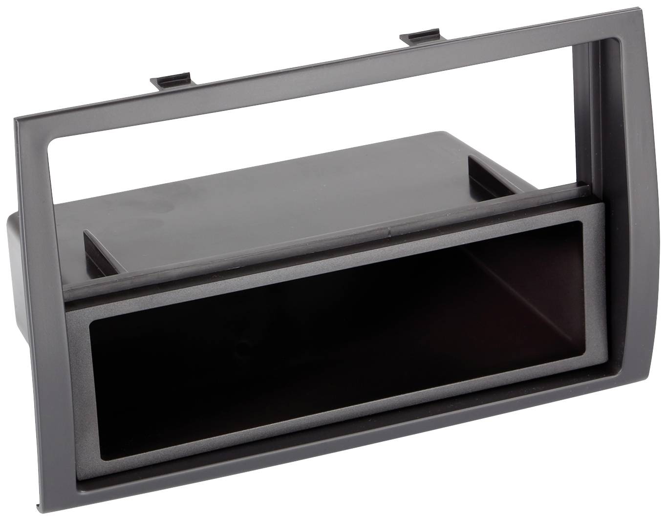 A rectangular black plastic frame with an open compartment that can serve as a car stereo adapter or storage compartment.